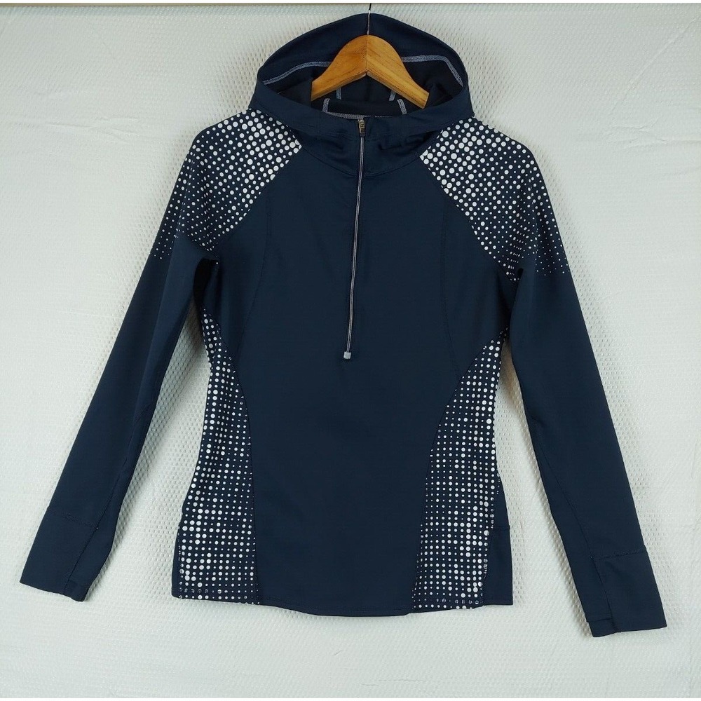 Athleta Womens Small Running Wild Navy‎ Blue Half Zip Scuba Hoodie 2.0 Polka Dot